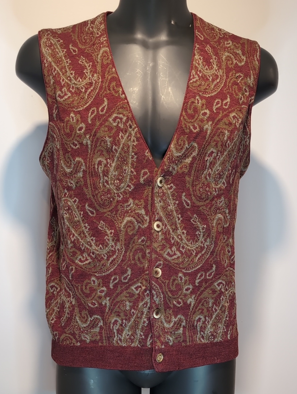 Vintage Burgundy Paisley Merino Wool Knit Sweater Vest Large Cerruti 1881